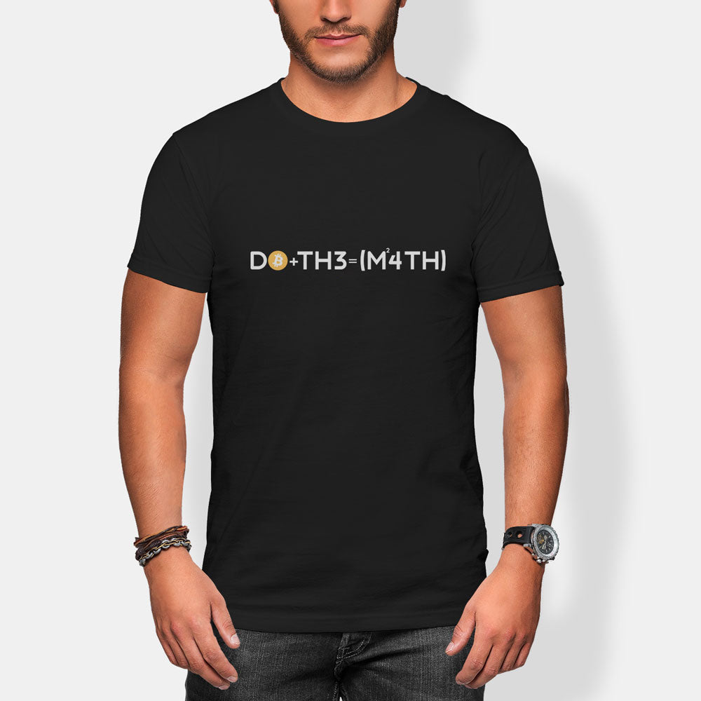 Person wearing a black t-shirt with do the math bitcoin text design on a plain background