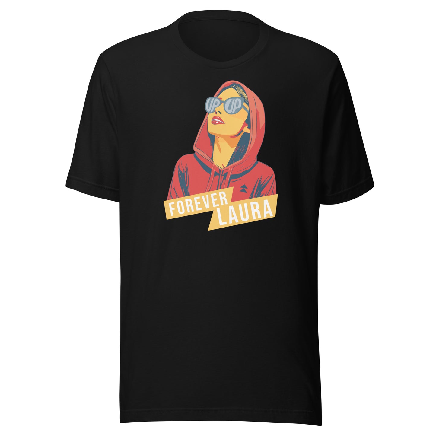 Black t-shirt with a graphic of a person in a red hoodie and sunglasses, with 'FOREVER LAURA' text, on a white background.