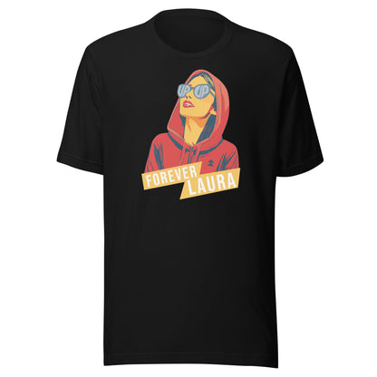 Black t-shirt with a graphic of a person in a red hoodie and sunglasses, with 'FOREVER LAURA' text, on a white background.
