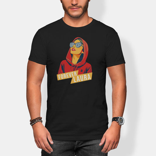 Person wearing a black t-shirt with a graphic design and text 'Forever Laura' on a white background