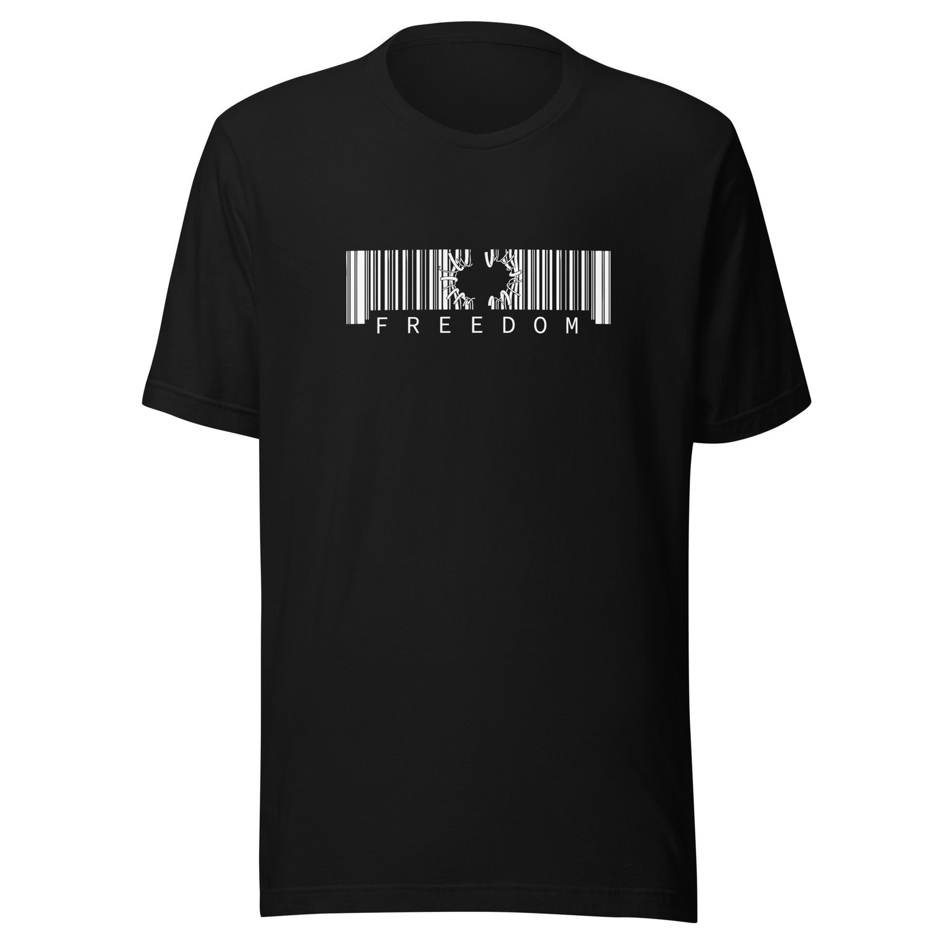 Black t-shirt with a barcode design and 'FREEDOM' text on a white background