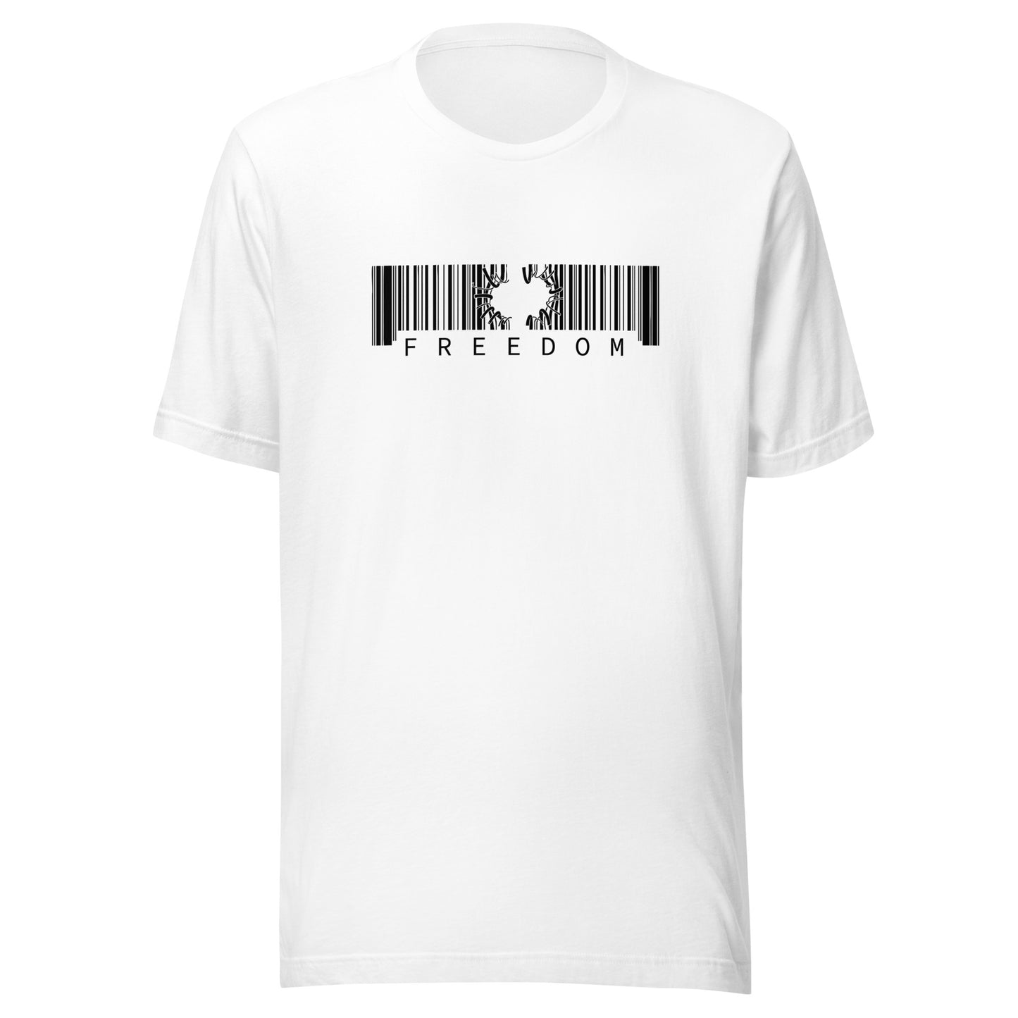 White t-shirt with a barcode design and 'FREEDOM' text on a white background