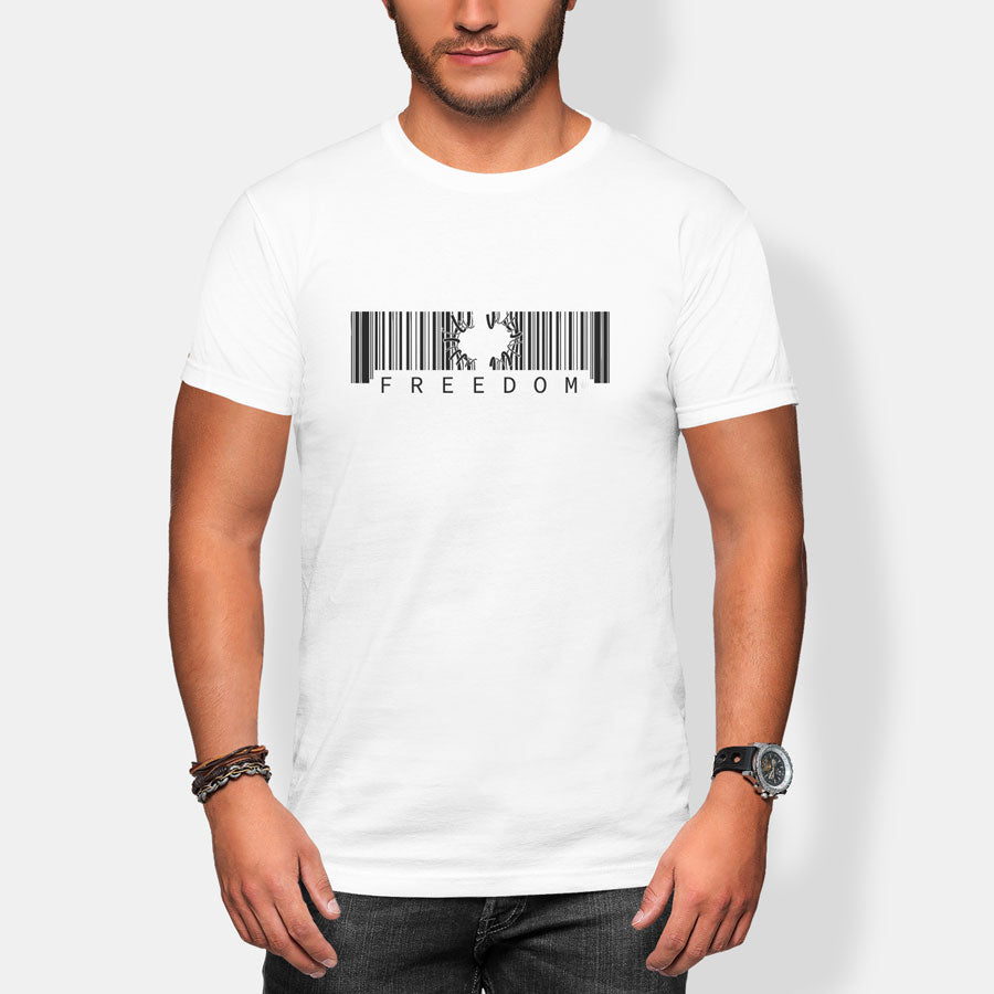 Person wearing a white t-shirt with a barcode design and 'FREEDOM' text on a plain background