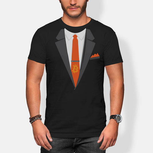 Black t-shirt with a suit and tie design featuring Bitcoin symbols, worn by a person.