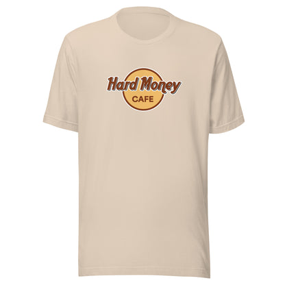 Beige t-shirt with 'Hard Money Cafe' logo on a white background