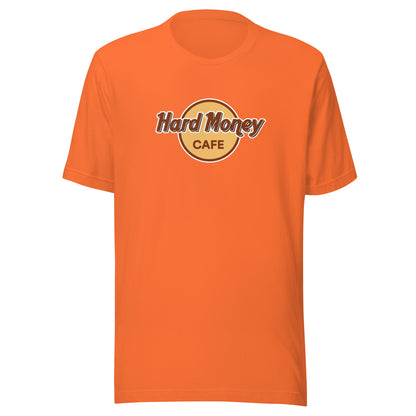 Orange t-shirt with 'Hard Money Cafe' logo on a white background