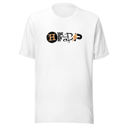 White t-shirt with a HFSP logo on the chest against a white background