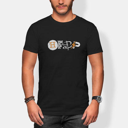 Person wearing a black t-shirt with a HFSP logo on a white background