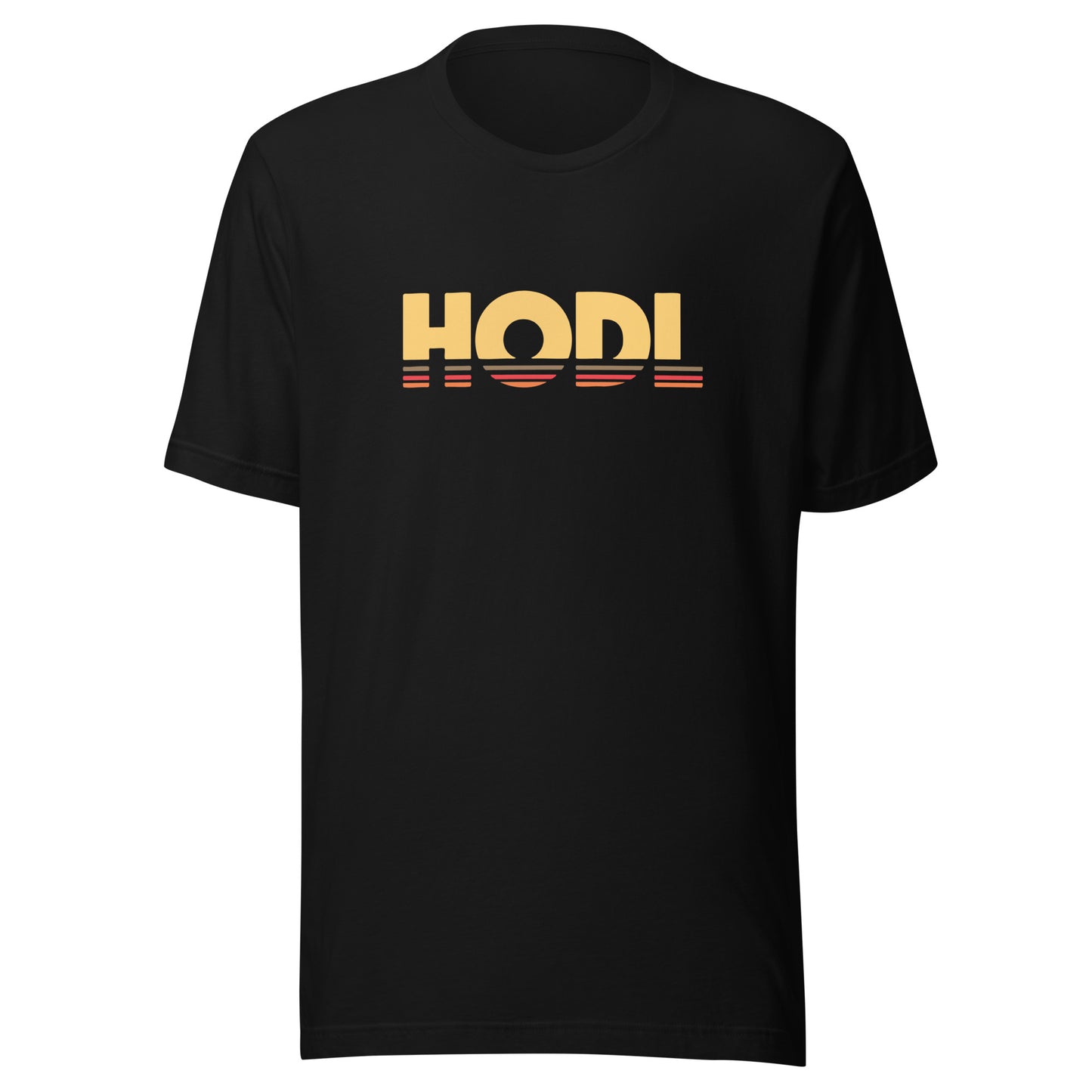 Black t-shirt with 'HODL' printed in yellow on a white background