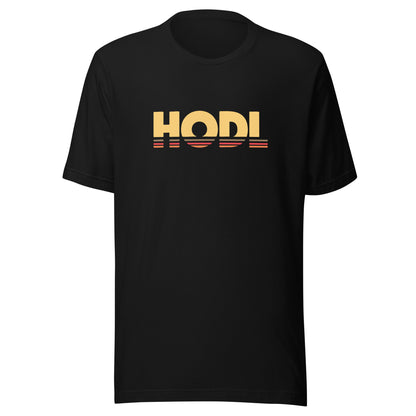 Black t-shirt with 'HODL' printed in yellow on a white background
