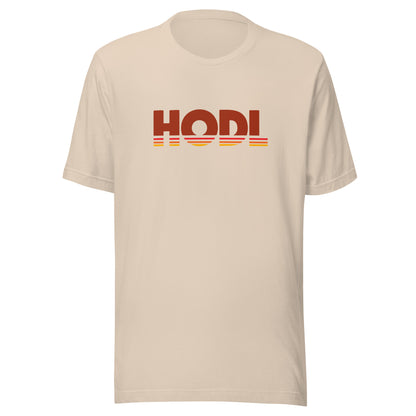Beige t-shirt with 'HODL' text on a white background