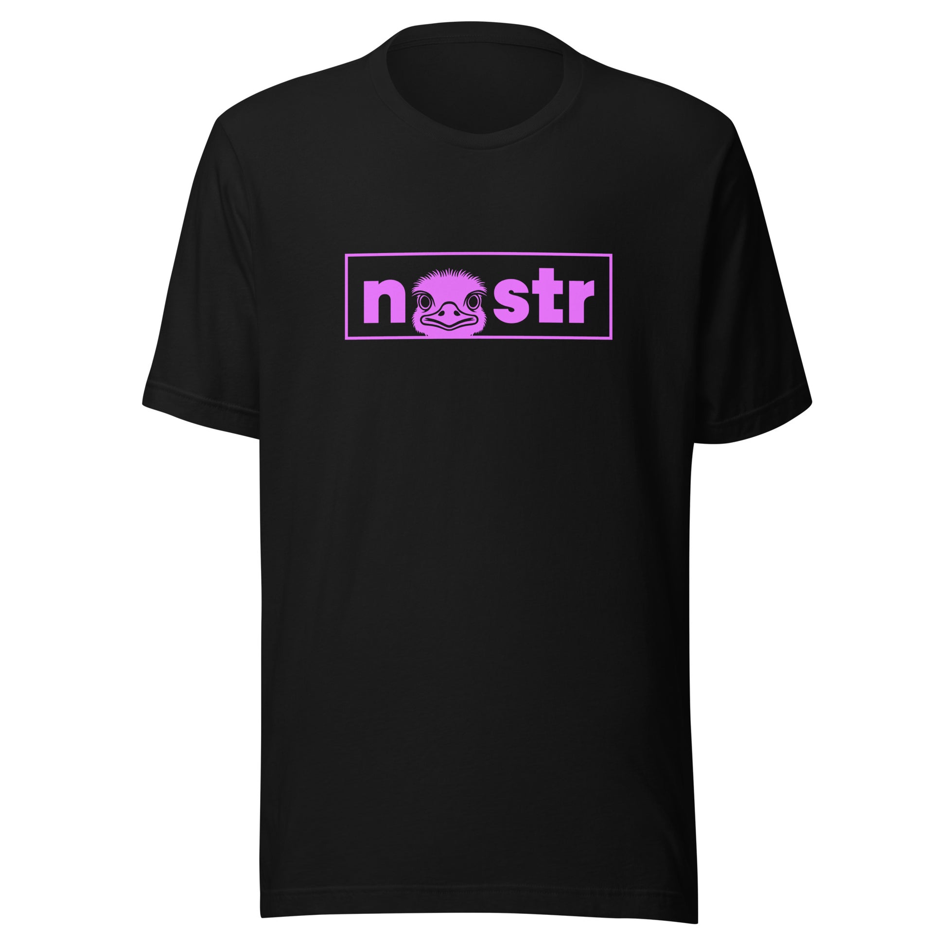 Black t-shirt with pink nostr logo on a white background