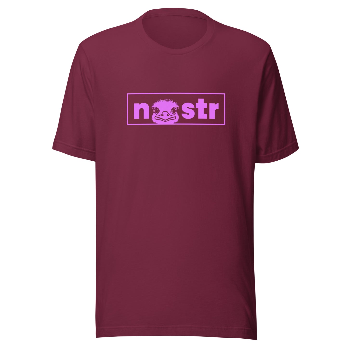 Maroon t-shirt with pink 'nostr' logo on a white background