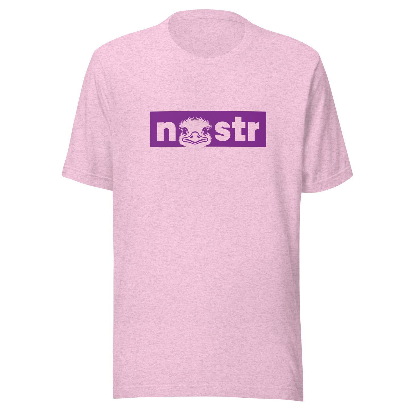Pink t-shirt with a purple nostr logo on a white background
