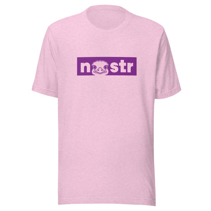 Pink t-shirt with a purple nostr logo on a white background