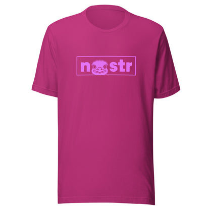Pink t-shirt with 'nostr' logo on a white background
