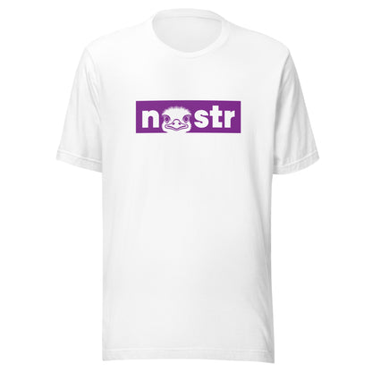 White t-shirt with a purple nostr logo on a white background