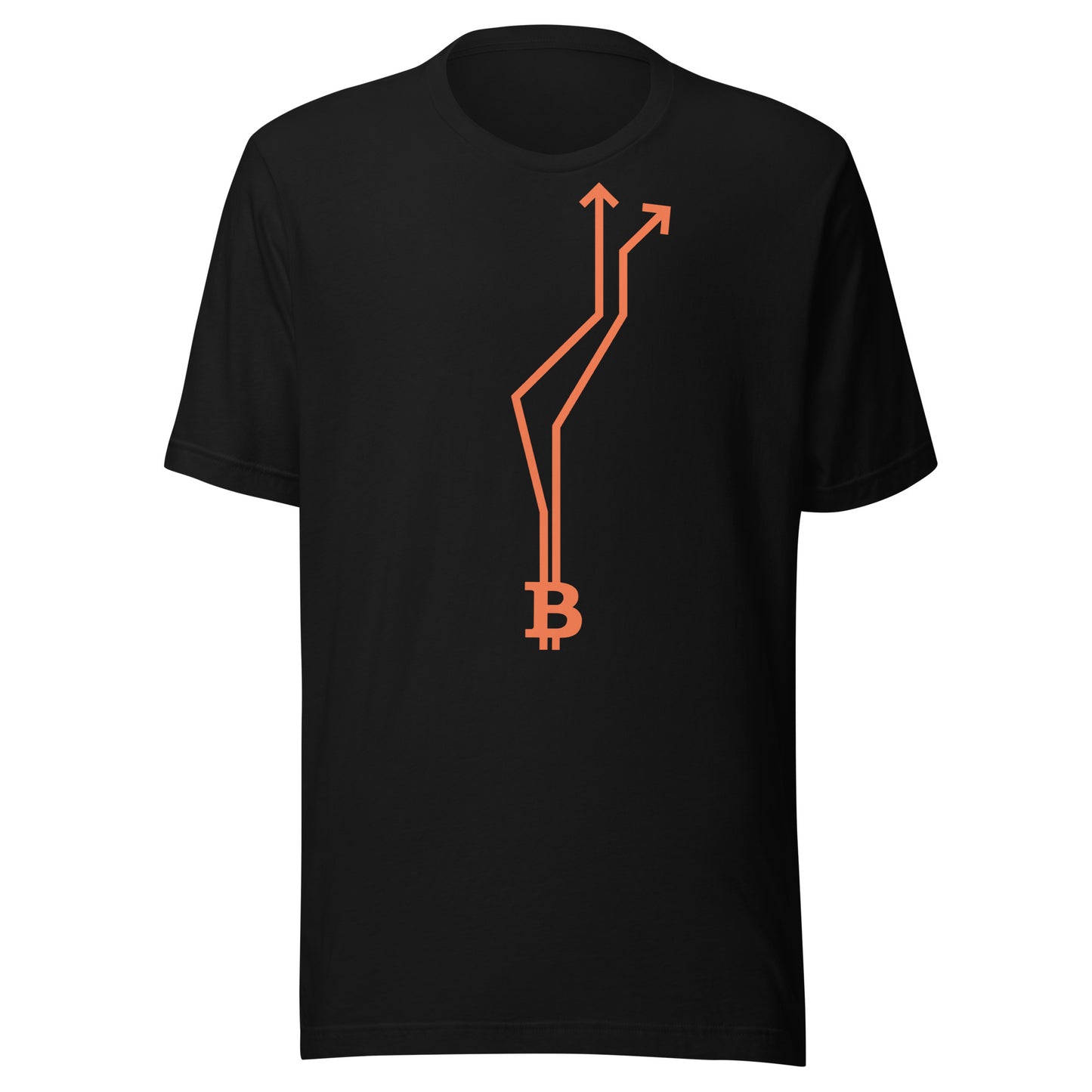 Black t-shirt with orange Bitcoin arrow symbol design on a white background
