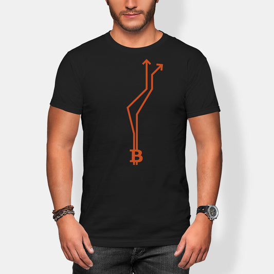 Person wearing a black t-shirt with an orange Bitcoin symbol arrow design on a white background