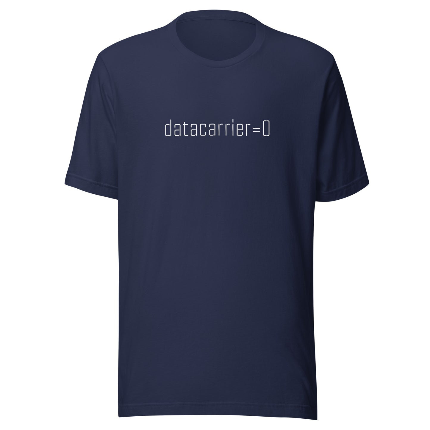 Navy blue t-shirt with white text 'datacarrier=0' on a white background