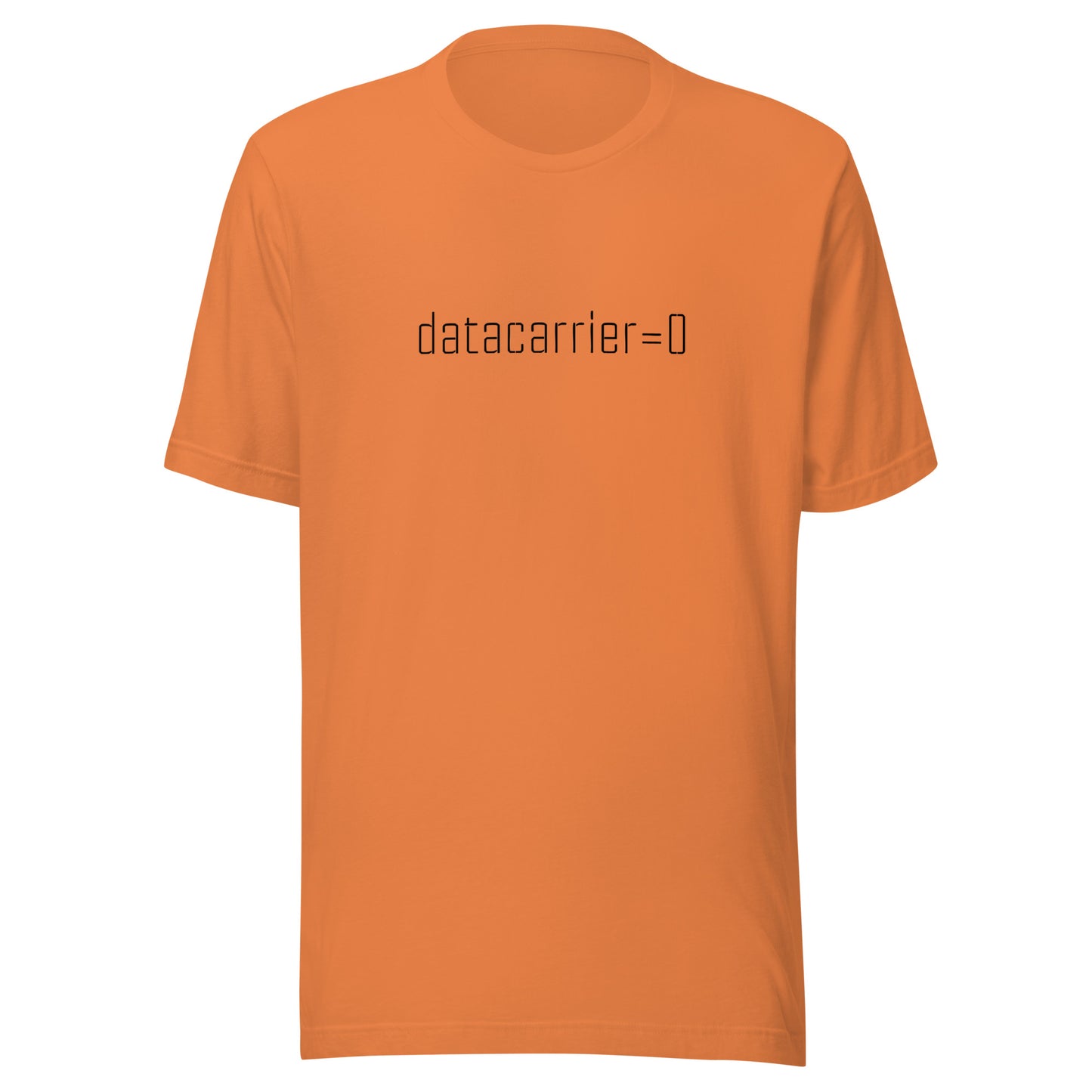 Orange t-shirt with text 'datacarrier=0' on a white background