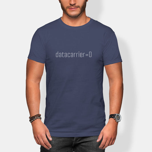Man wearing a navy blue t-shirt with 'datacarrier=0' text on a white background