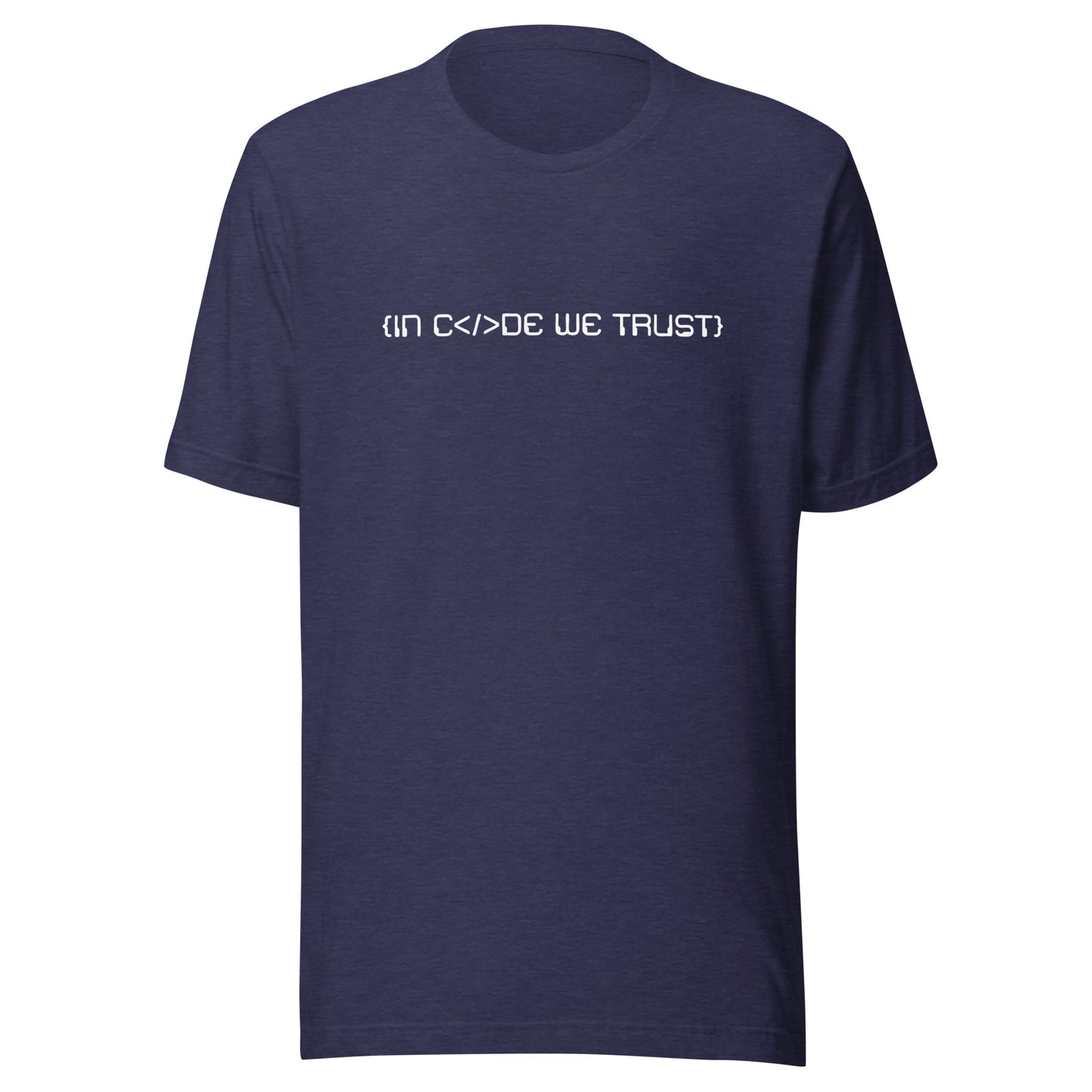 Navy blue t-shirt with white in code we trust text on a white background