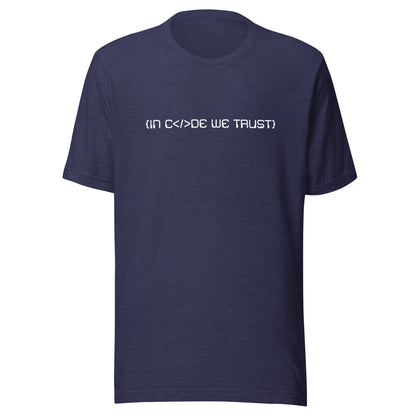 Navy blue t-shirt with white in code we trust text on a white background