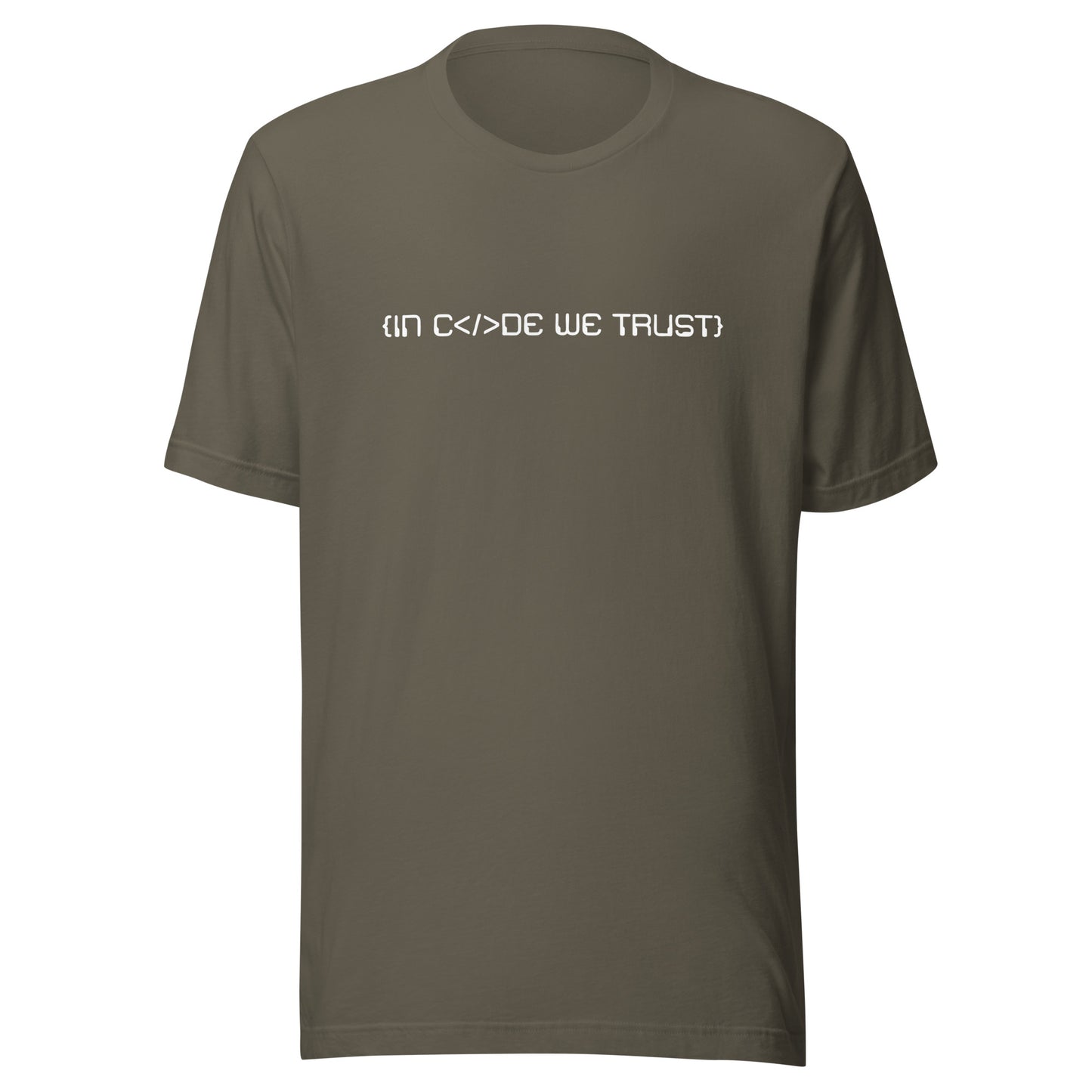 Green t-shirt with white in code we trust text on a white background