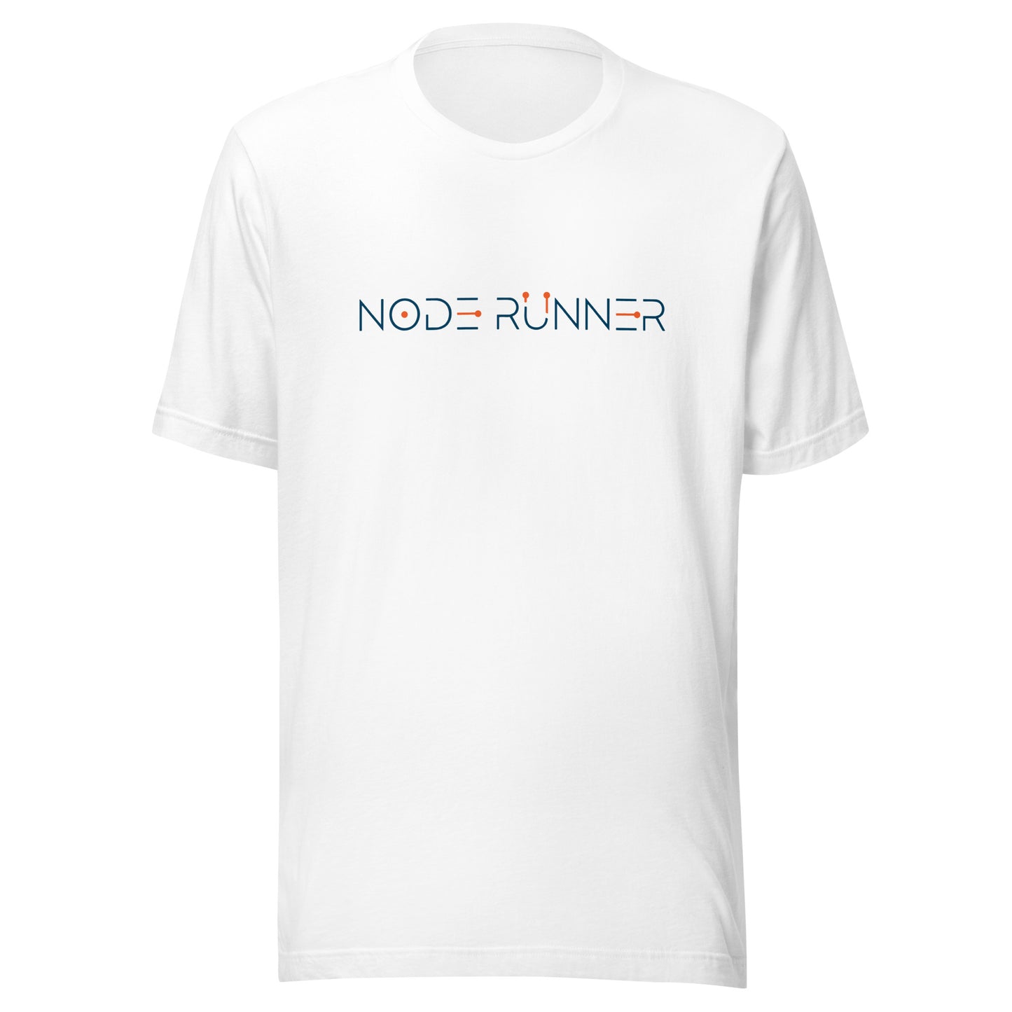 White t-shirt with 'NODE RUNNER' logo on a white background