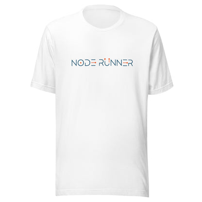 White t-shirt with 'NODE RUNNER' logo on a white background