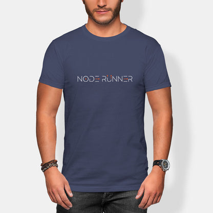 Person wearing a navy blue t-shirt with 'NODE RUNNER' text on a white background