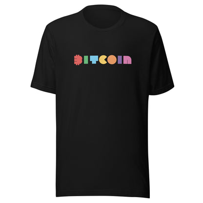 Black t-shirt with colorful 'BITCOIN' text on a white background