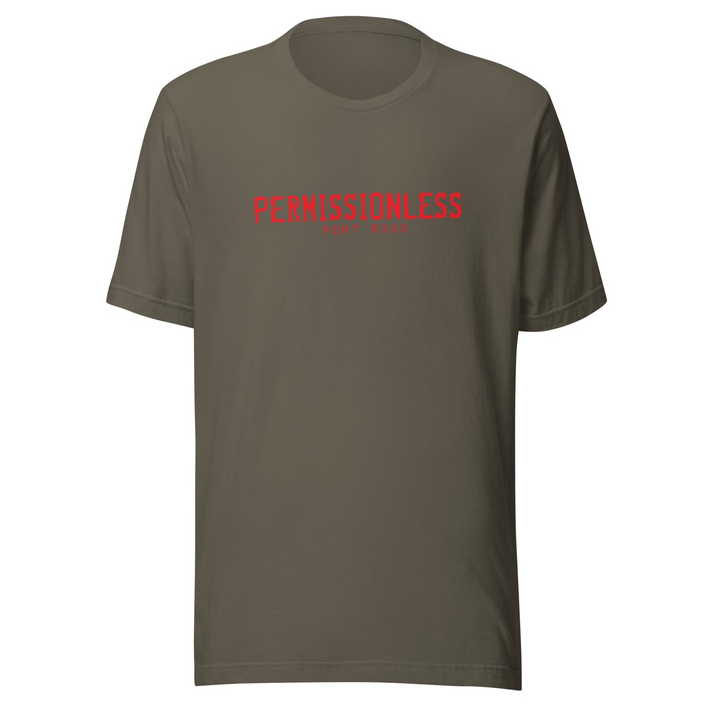 Green t-shirt with red text 'PERMISSIONLESS' on a white background