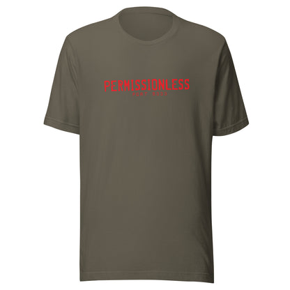 Green t-shirt with red text 'PERMISSIONLESS' on a white background