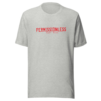 Gray t-shirt with red 'PERMISSIONLESS' text on a white background