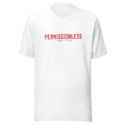 White t-shirt with red text 'PERMISSIONLESS PORT 8333' on a white background