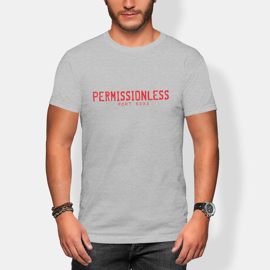 Person wearing a gray t-shirt with red permissionless port 8333 text on a white background