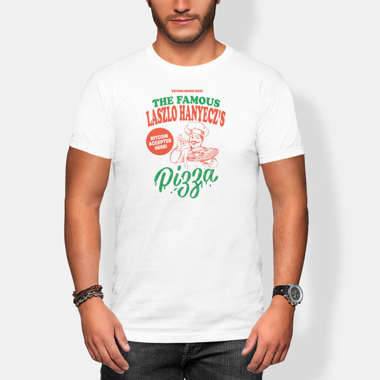 Person wearing a white t-shirt with a bitcoin pizza-themed graphic and text.
