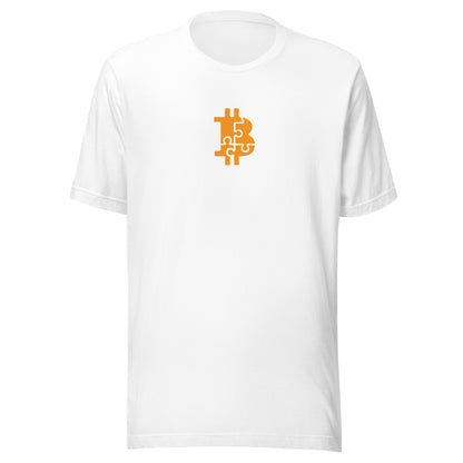 White t-shirt with a Bitcoin puzzle logo on a white background