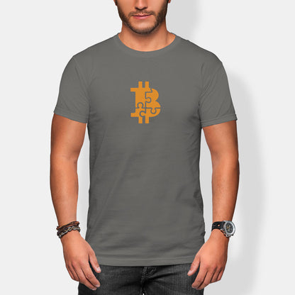 Person wearing a gray t-shirt with a Bitcoin puzzle symbol on a white background