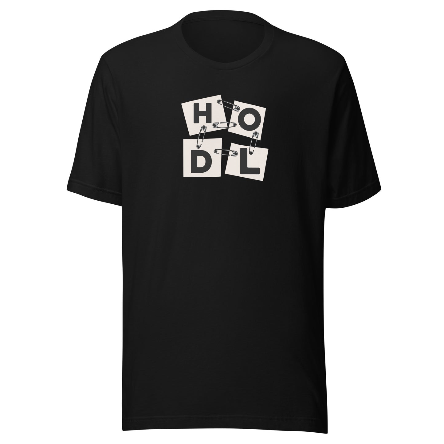 Black t-shirt with 'HODL' graphic pins design on a white background