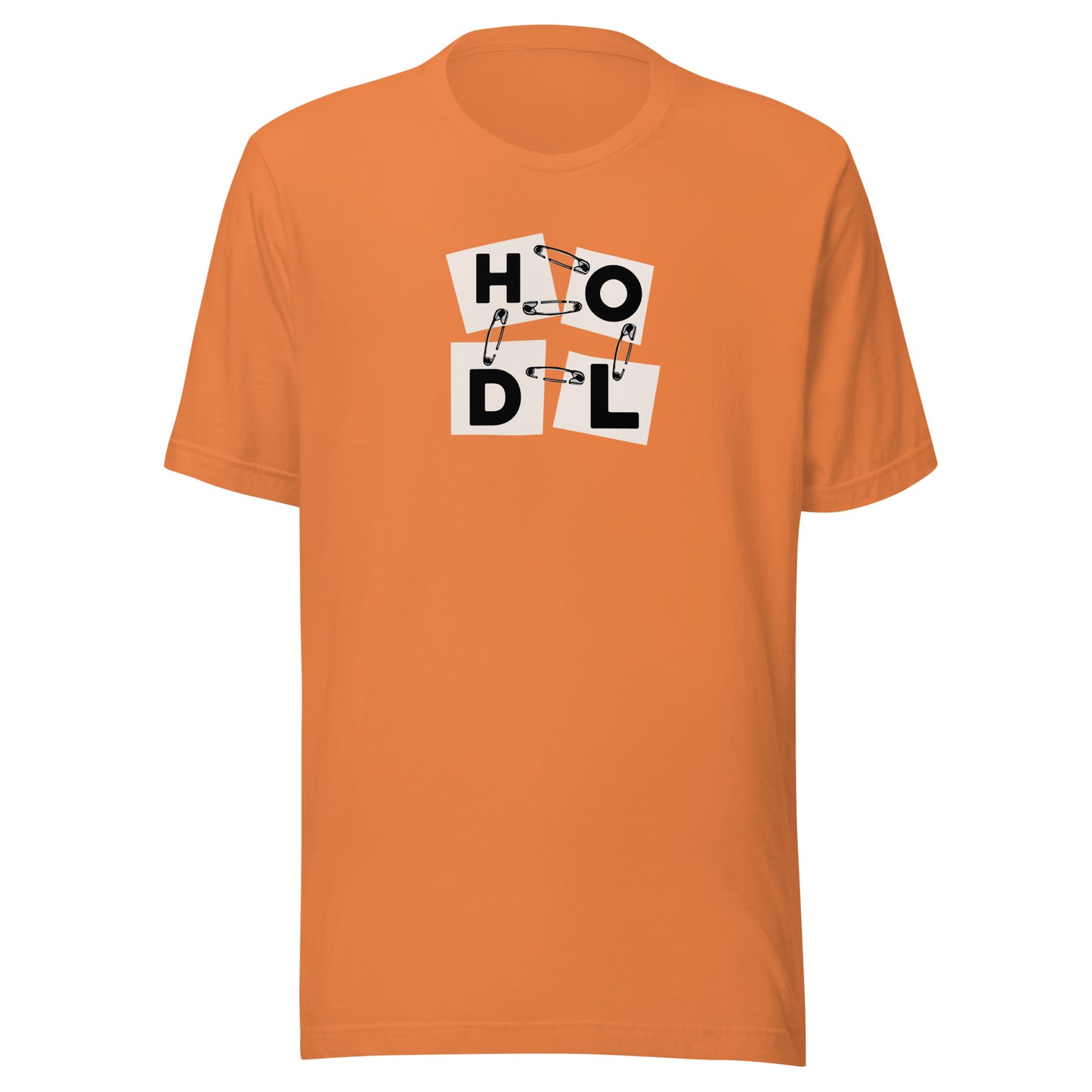 Orange t-shirt with 'HODL' pins graphic design on a white background