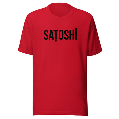 Red t-shirt with 'Satoshi' printed in black on a white background