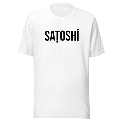 White t-shirt with ' Satoshi' printed on a white background