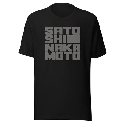 Black t-shirt with gray text 'SATOSHI NAKAMOTO' on a white background