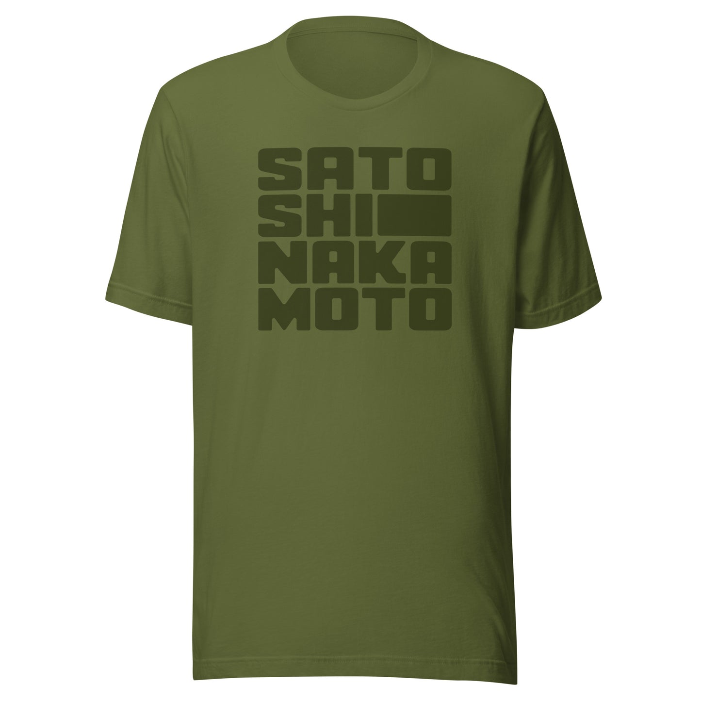Green t-shirt with black satoshi nakamoto text on a white background