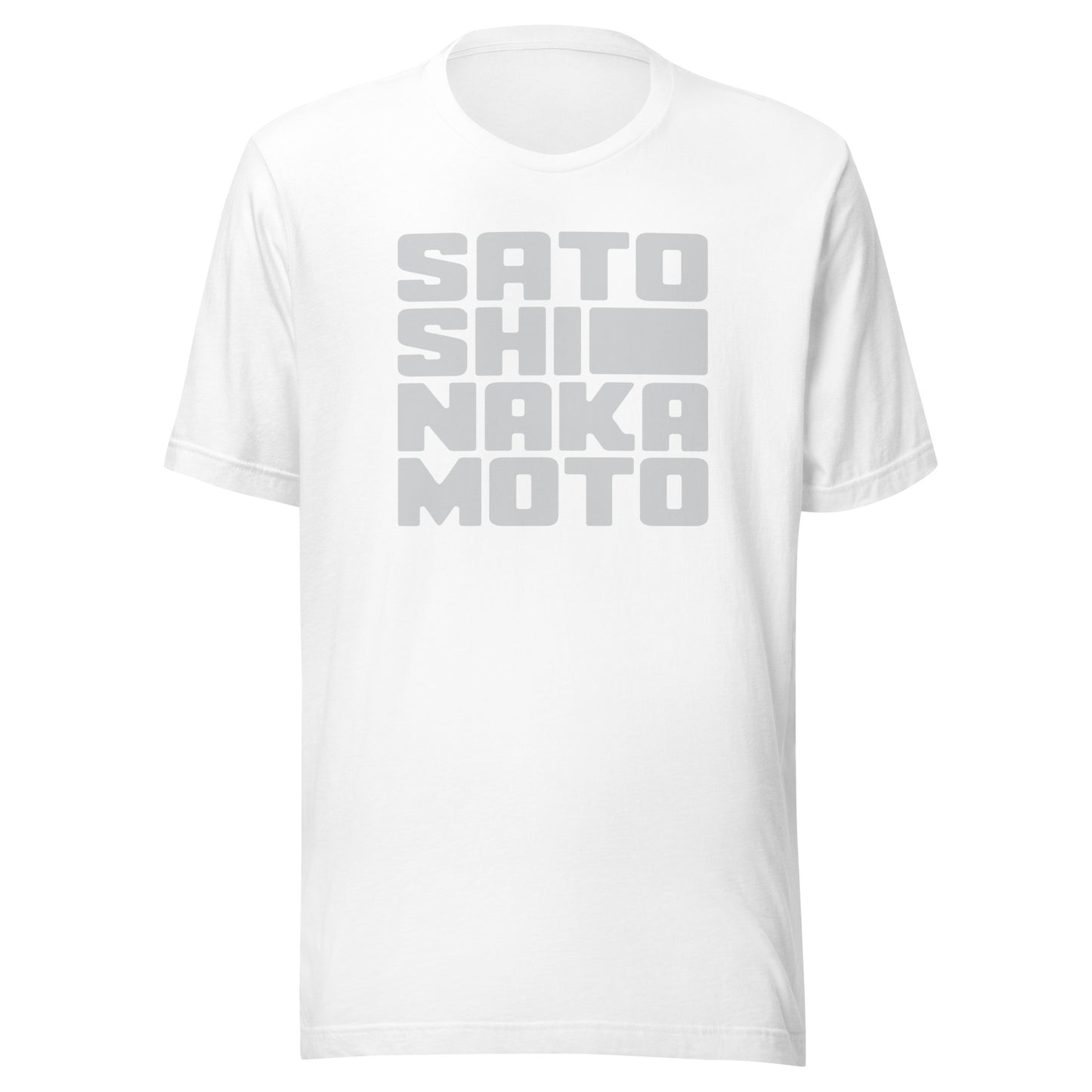 White t-shirt with gray satoshi nakamoto text on a white background