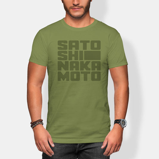 Person wearing a green t-shirt with 'Satoshi Nakamoto' printed on it against a white background