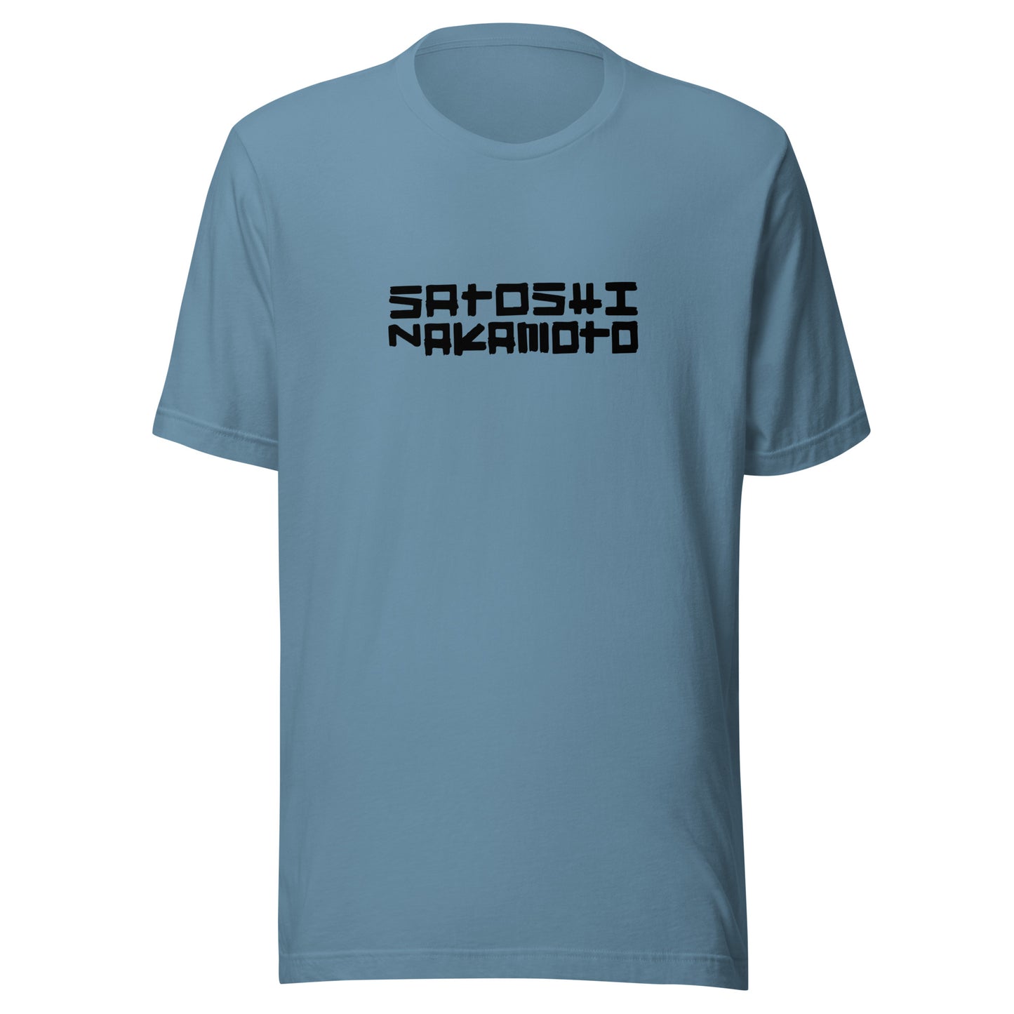 Blue t-shirt with 'Satoshi Nakamoto' text on a white background